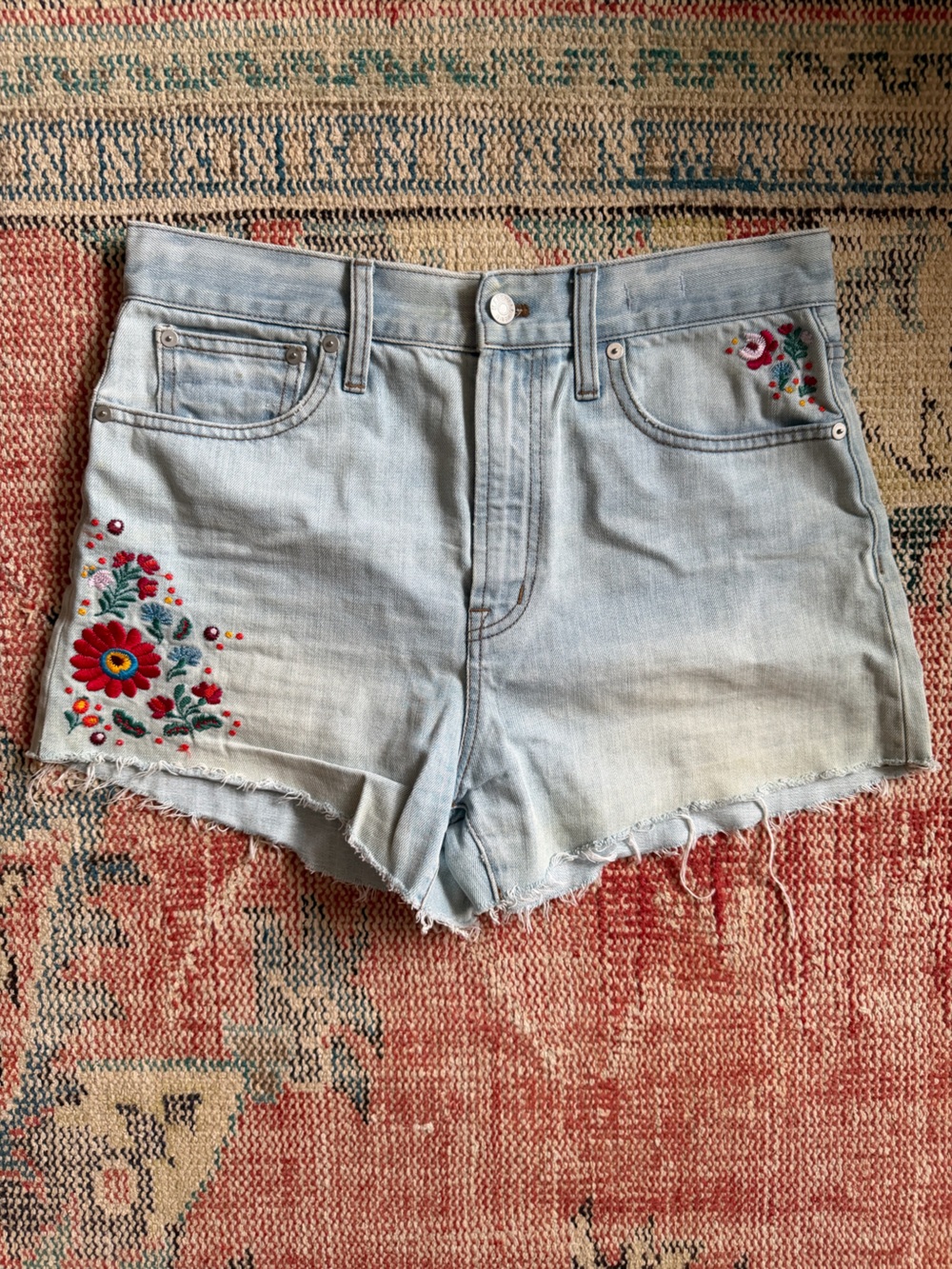 MADEWELL Embroidered Light Blue Denim Shorts with Faded Wash